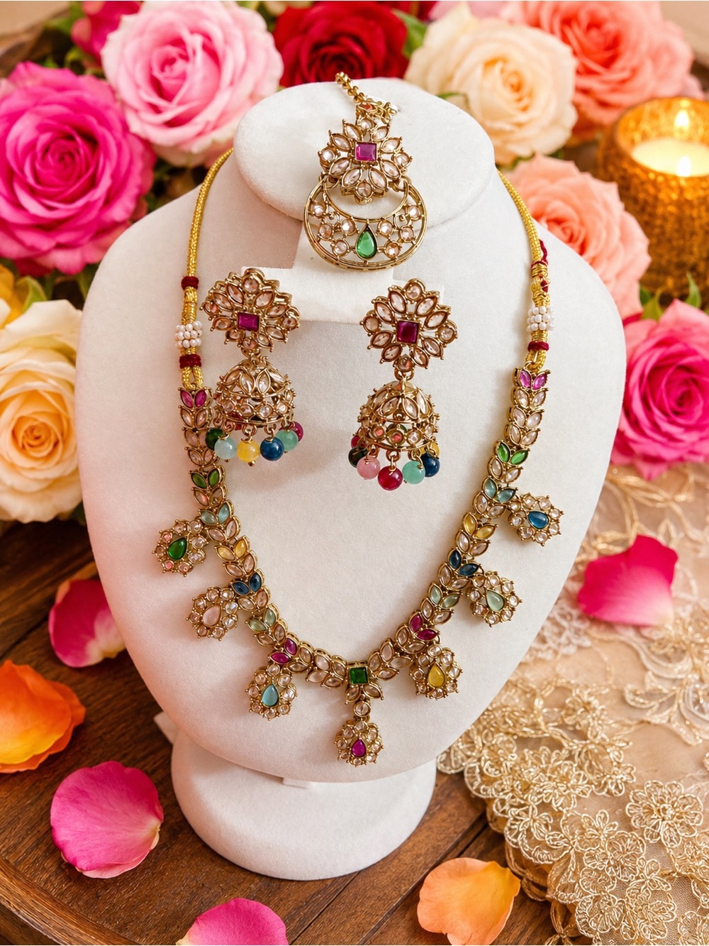 Traditional Multicolor Kundan Necklace Set with Earrings and Maang Tikka